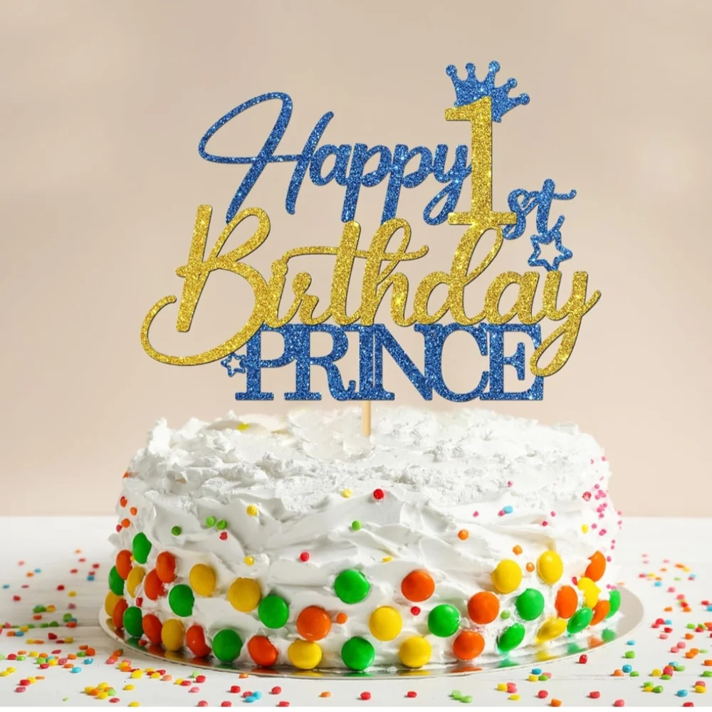 Prince 1st Birthday Cake Topper - Blue/Gold